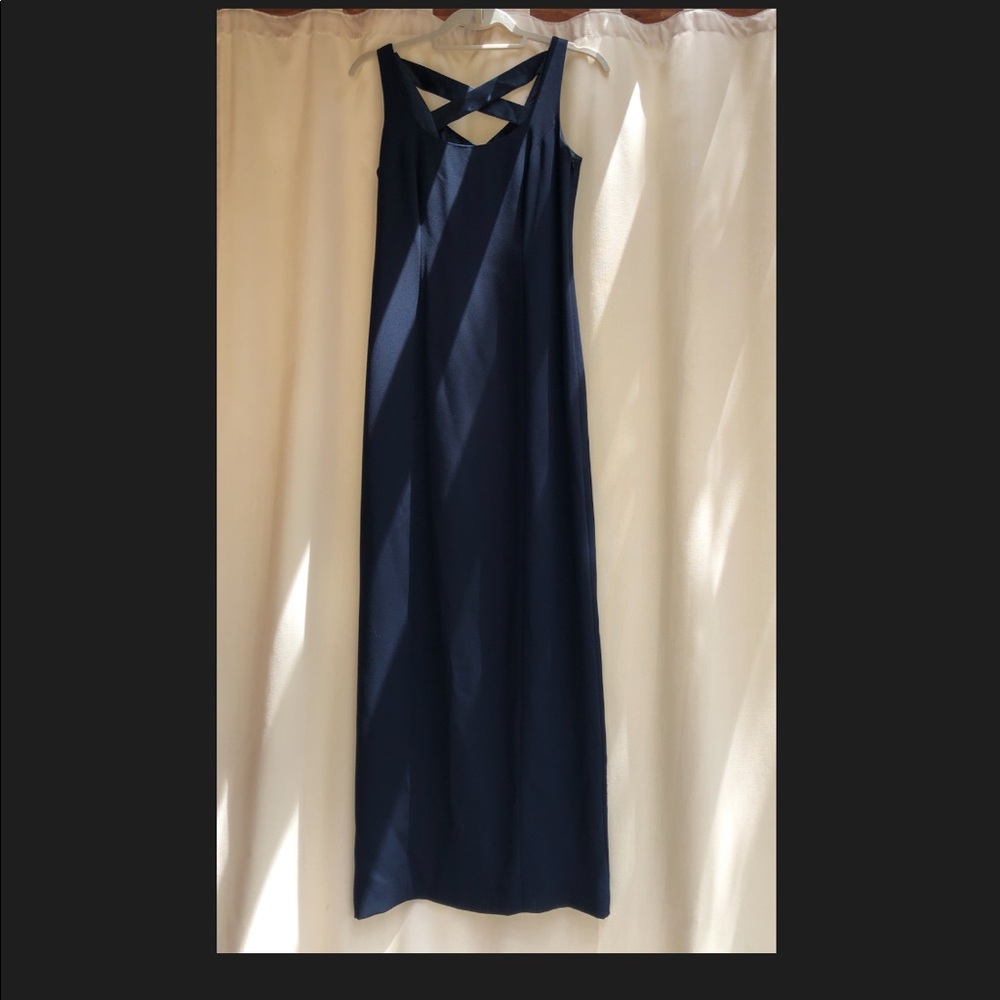 Navy blue gown with slit in back